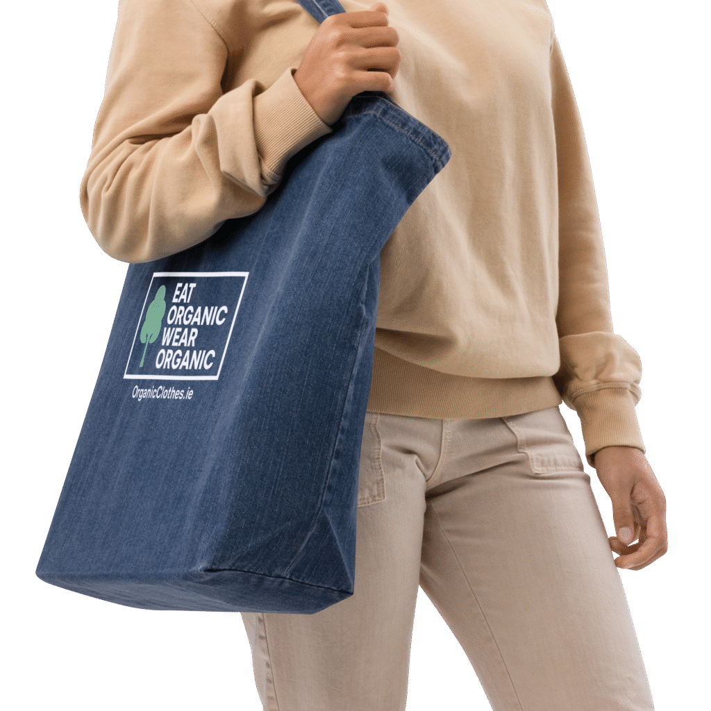 Close-up of a printed OCI organic denim tote bag