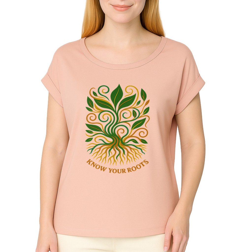 Know Your Roots botanical print on a pink T-shirt